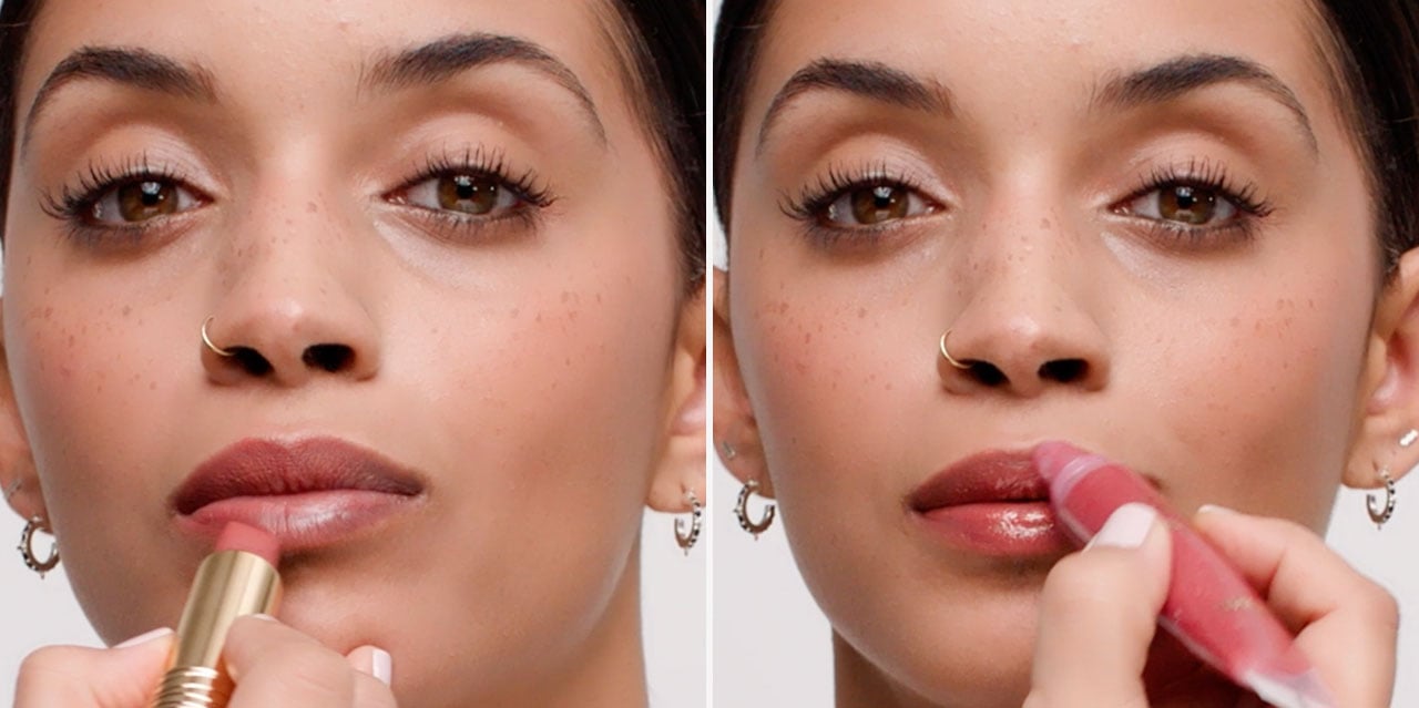 Side by side of soft matte lipstick and Juicy Tubes lip gloss being applied to our model